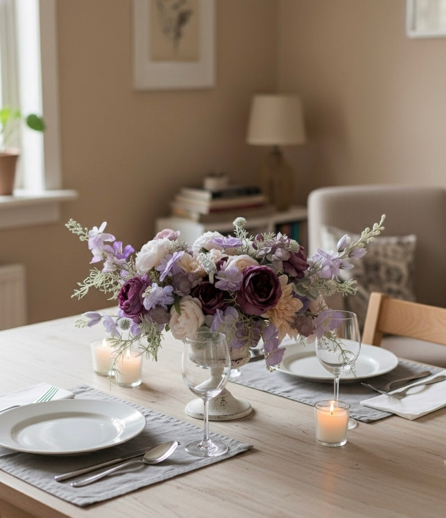 Dining table setting with floral centerpiece, candles, and place settings.
