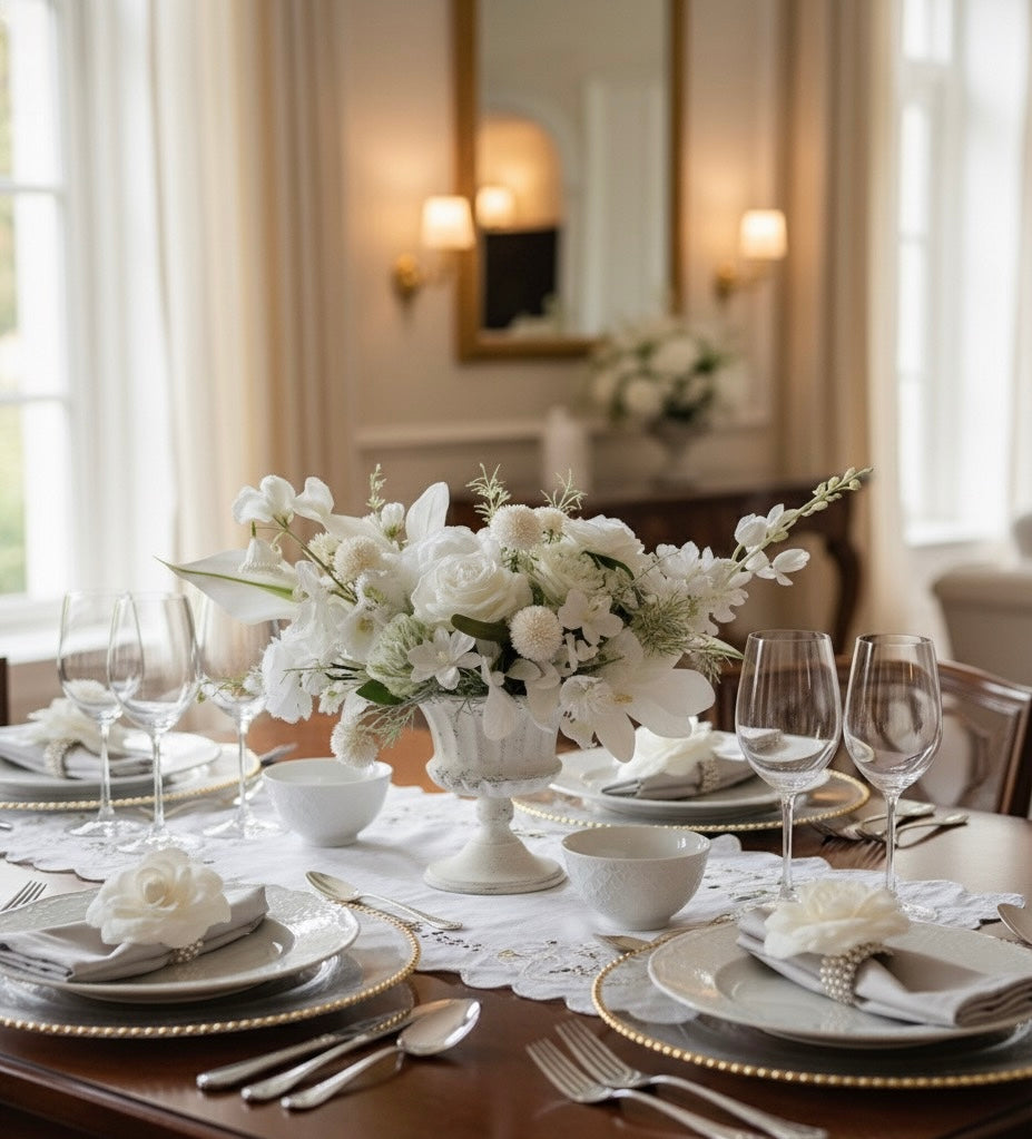 Centrepiece white artificial flower arrangement for table decor – Elegant neutral centerpiece in classic vase – Faux floral arrangement for home or event