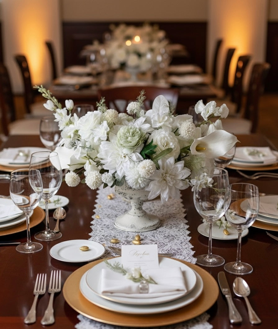 Centrepiece white artificial flower arrangement for table decor – Elegant neutral centerpiece in classic vase – Faux floral arrangement for home or event