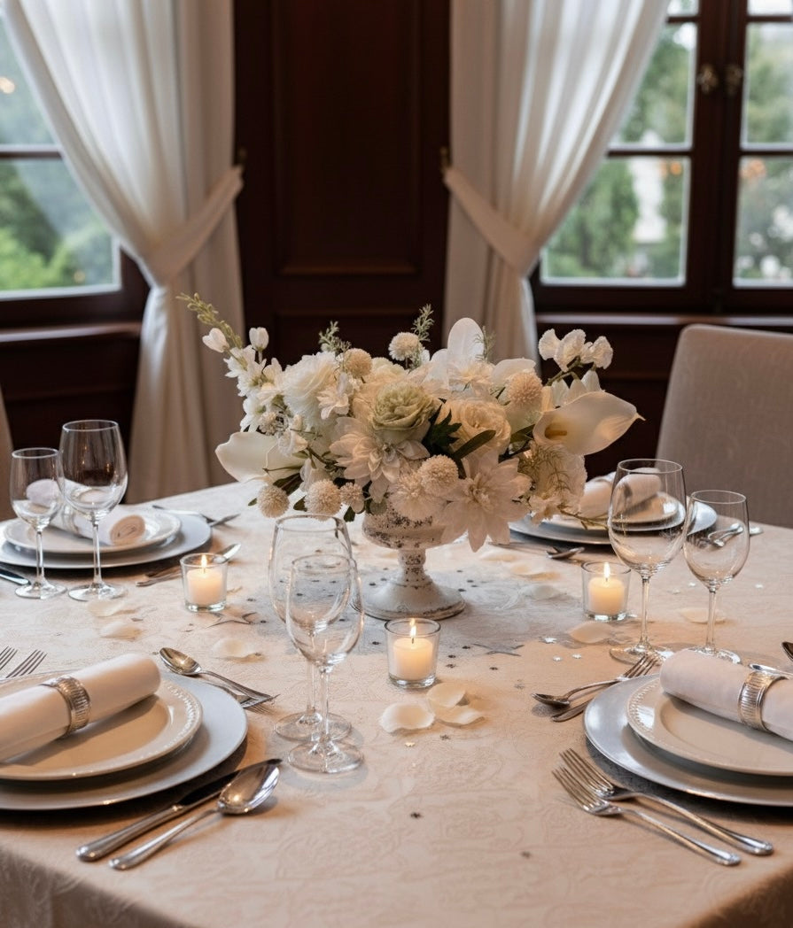Elegant table setting with floral centerpiece, candles, and silverware in a softly lit room.