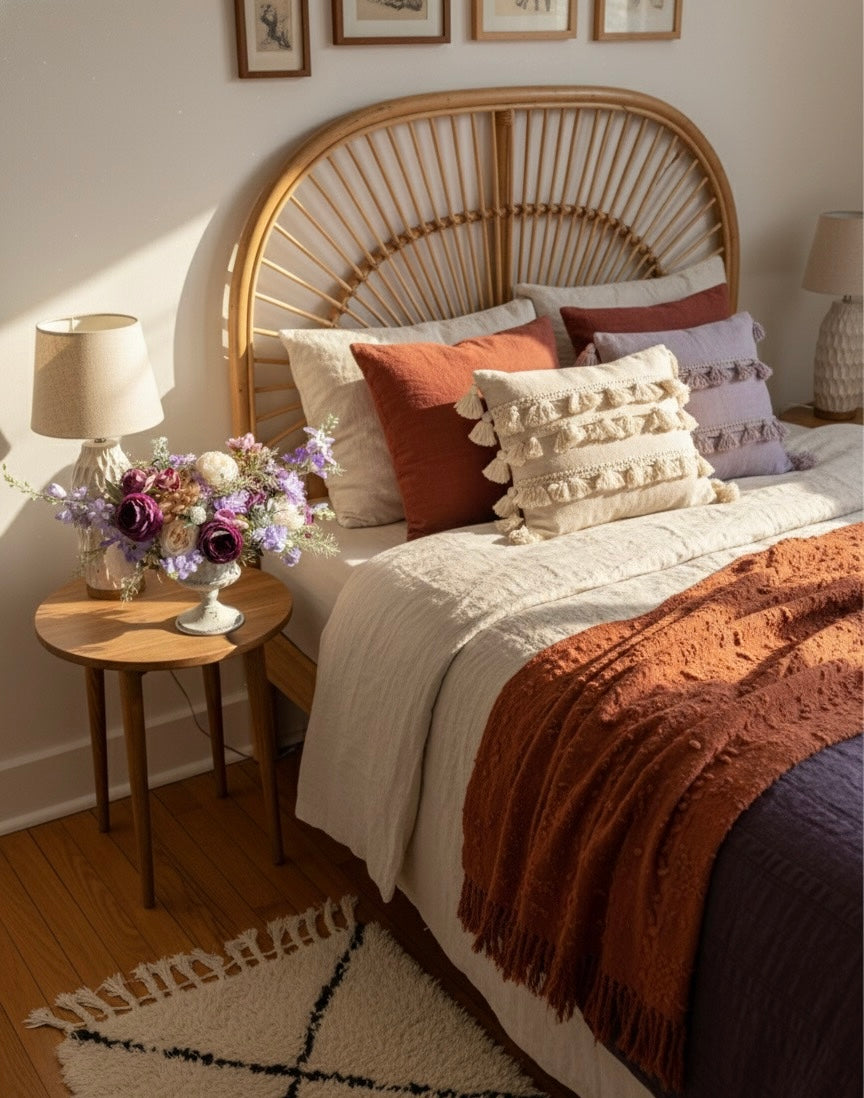 Cozy bedroom with wicker headboard, pillows, and side table with flowers.