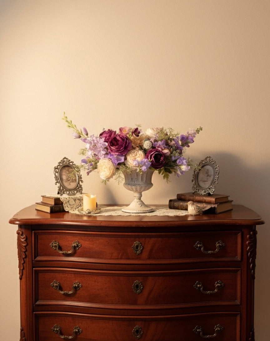 Wooden dresser with a floral arrangement, candles, and decorative items against a beige wall.