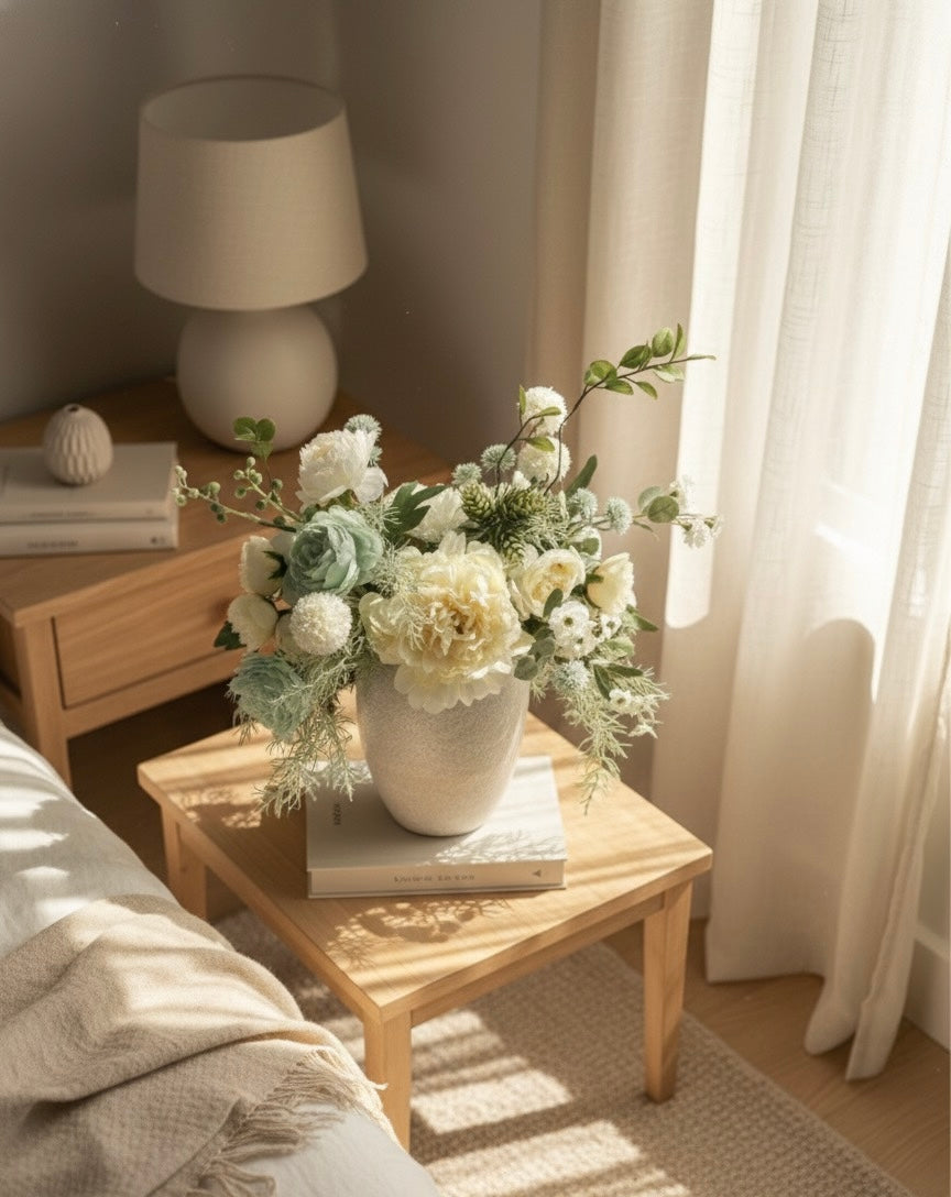 Luxury Faux Peony and Mint Green Arrangement in Textured Vase, Elegant Farmhouse Table Centerpiece