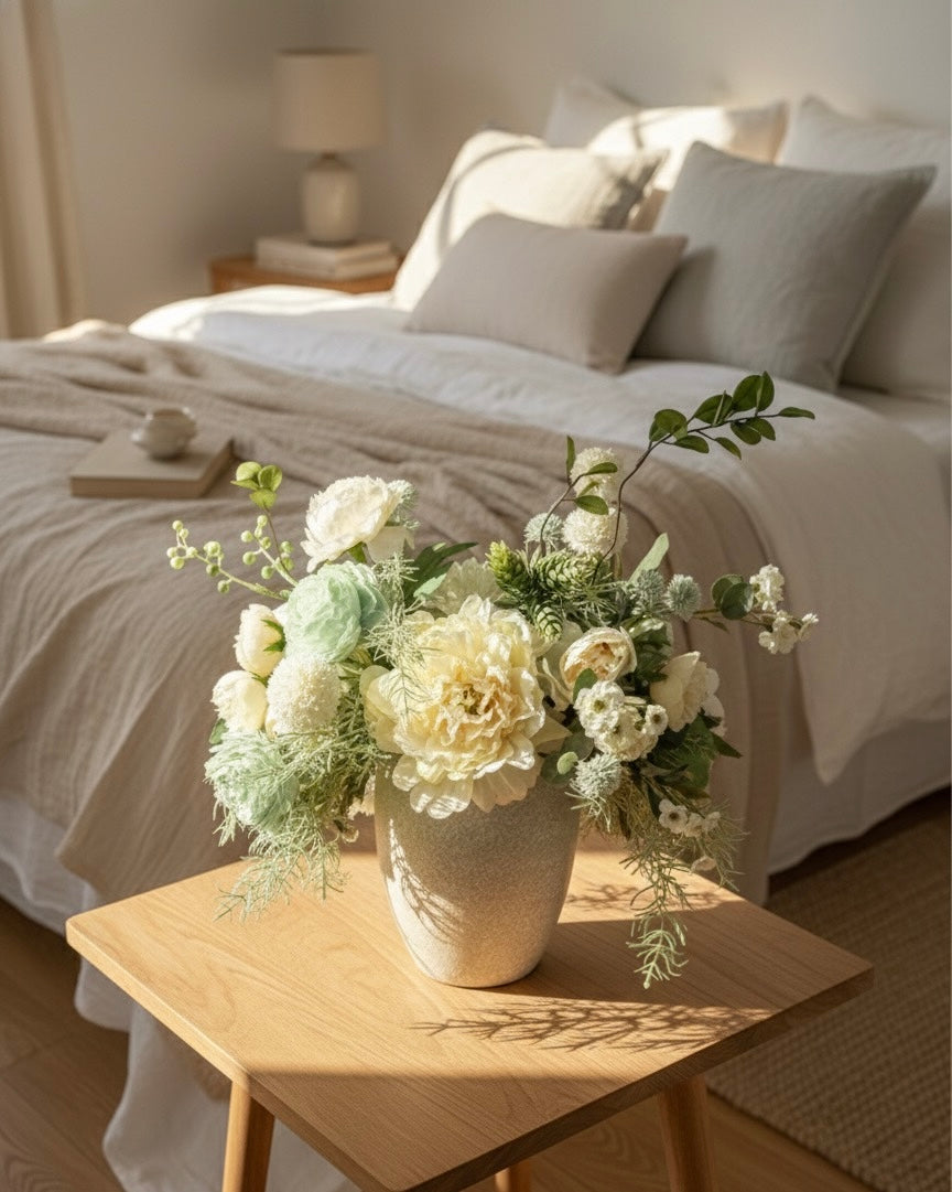 Luxury Faux Peony and Mint Green Arrangement in Textured Vase, Elegant Farmhouse Table Centerpiece