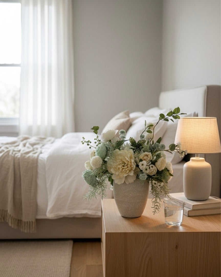 Luxury Faux Peony and Mint Green Arrangement in Textured Vase, Elegant Farmhouse Table Centerpiece