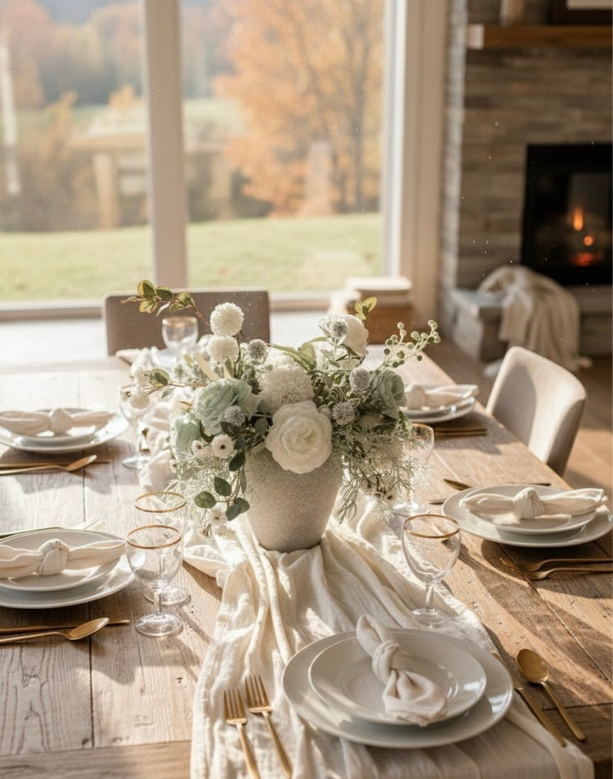 Luxury Faux Peony and Mint Green Arrangement in Textured Vase, Elegant Farmhouse Table Centerpiece