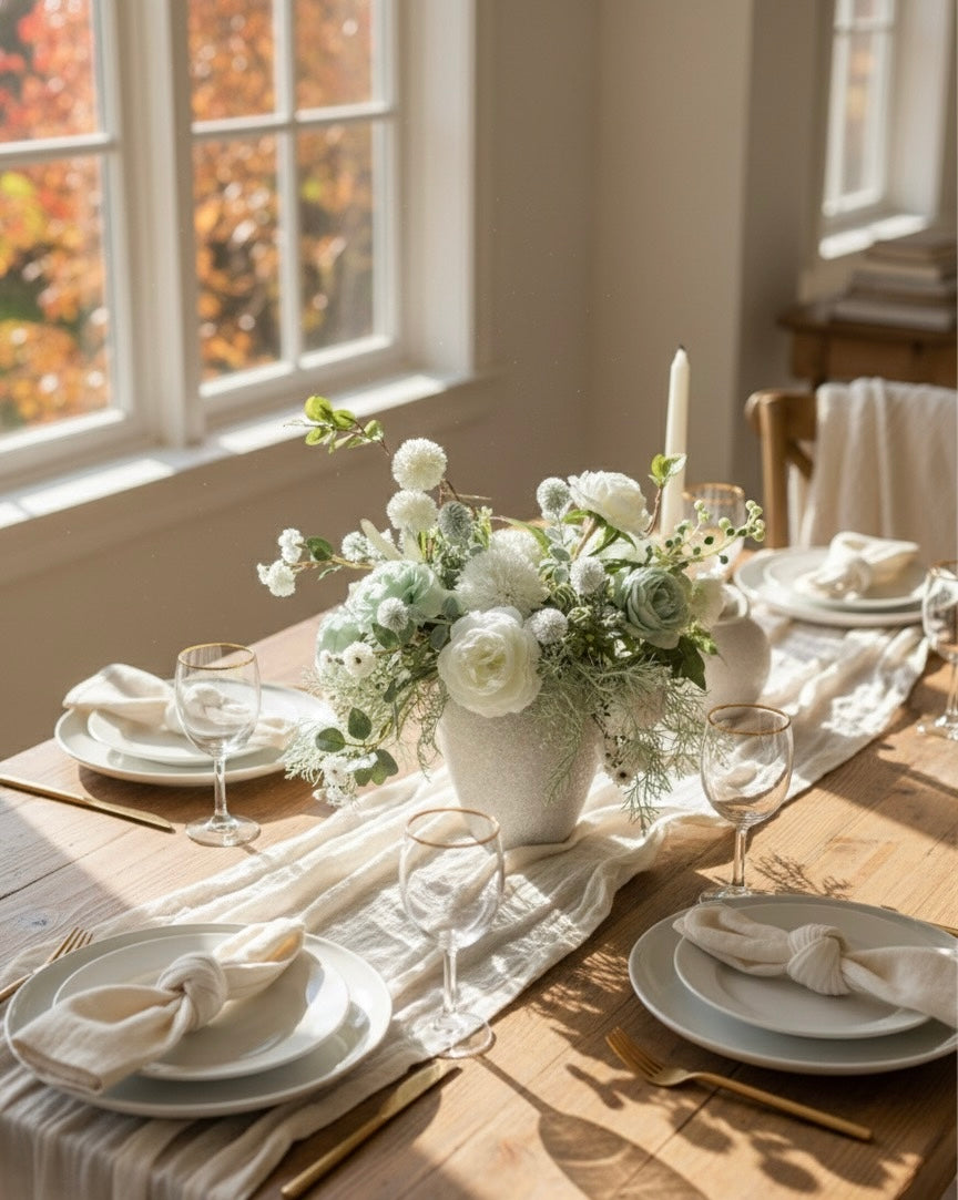 Luxury Faux Peony and Mint Green Arrangement in Textured Vase, Elegant Farmhouse Table Centerpiece