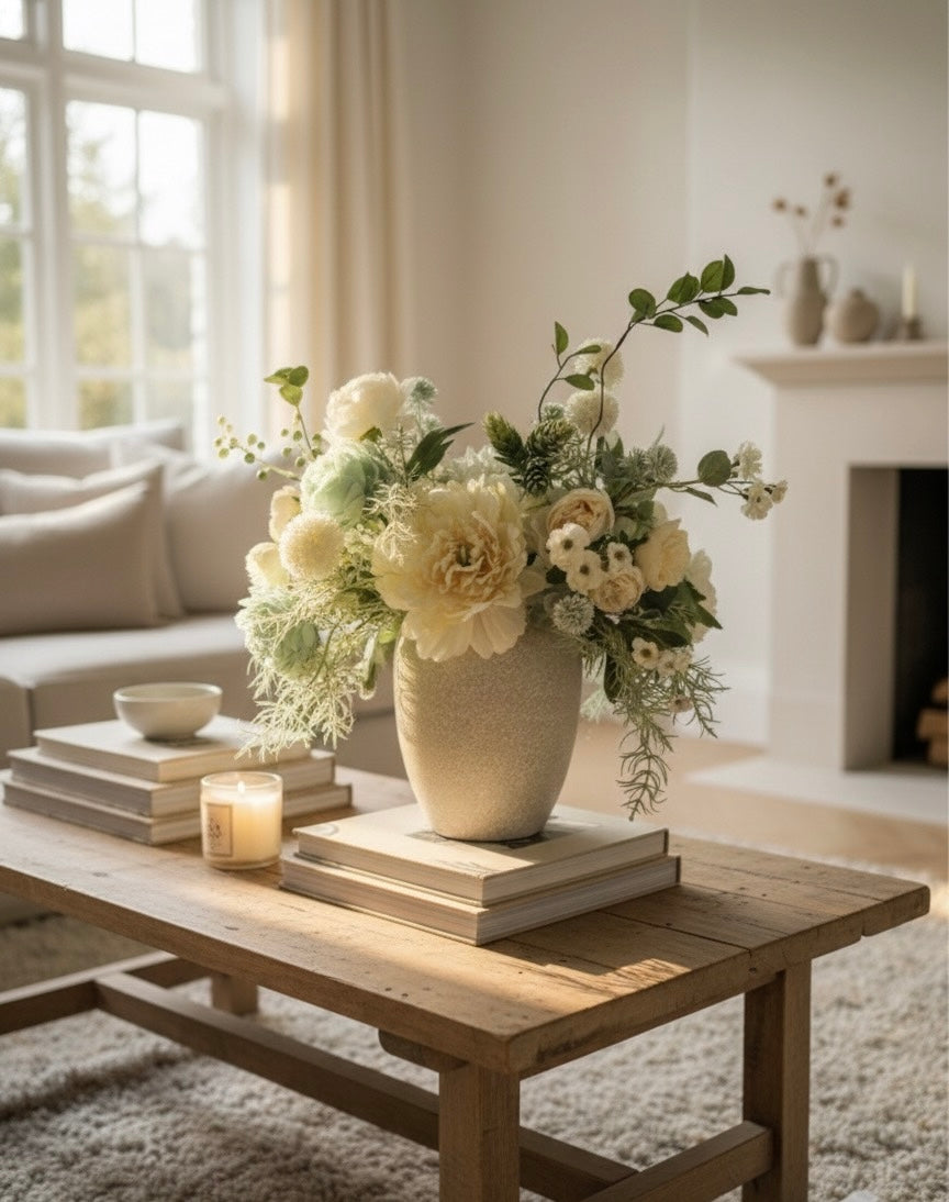 Luxury Faux Peony and Mint Green Arrangement in Textured Vase, Elegant Farmhouse Table Centerpiece