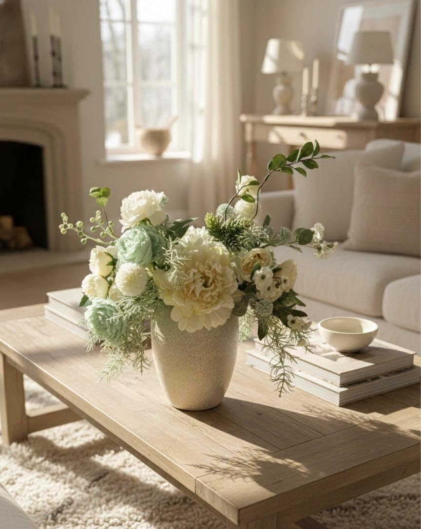 Luxury Faux Peony and Mint Green Arrangement in Textured Vase, Elegant Farmhouse Table Centerpiece