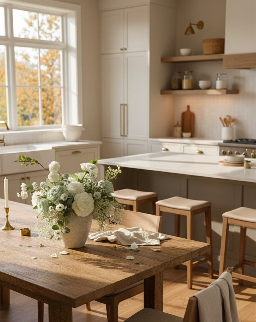 Luxury Faux Peony and Mint Green Arrangement in Textured Vase, Elegant Farmhouse Table Centerpiece