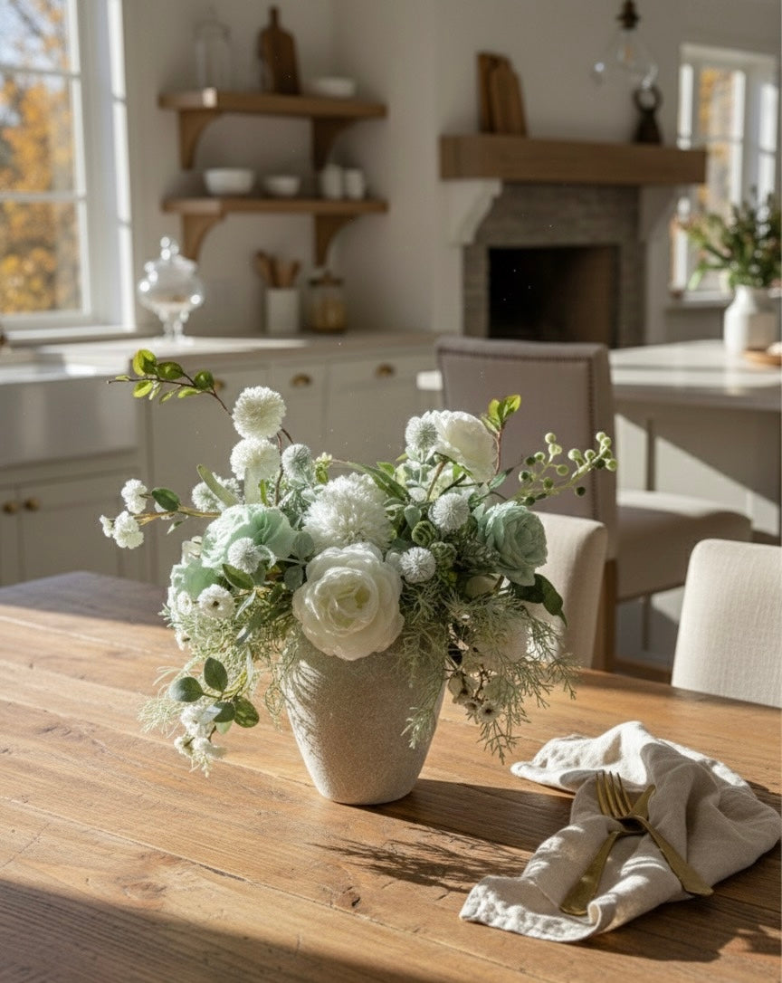 Luxury Faux Peony and Mint Green Arrangement in Textured Vase, Elegant Farmhouse Table Centerpiece