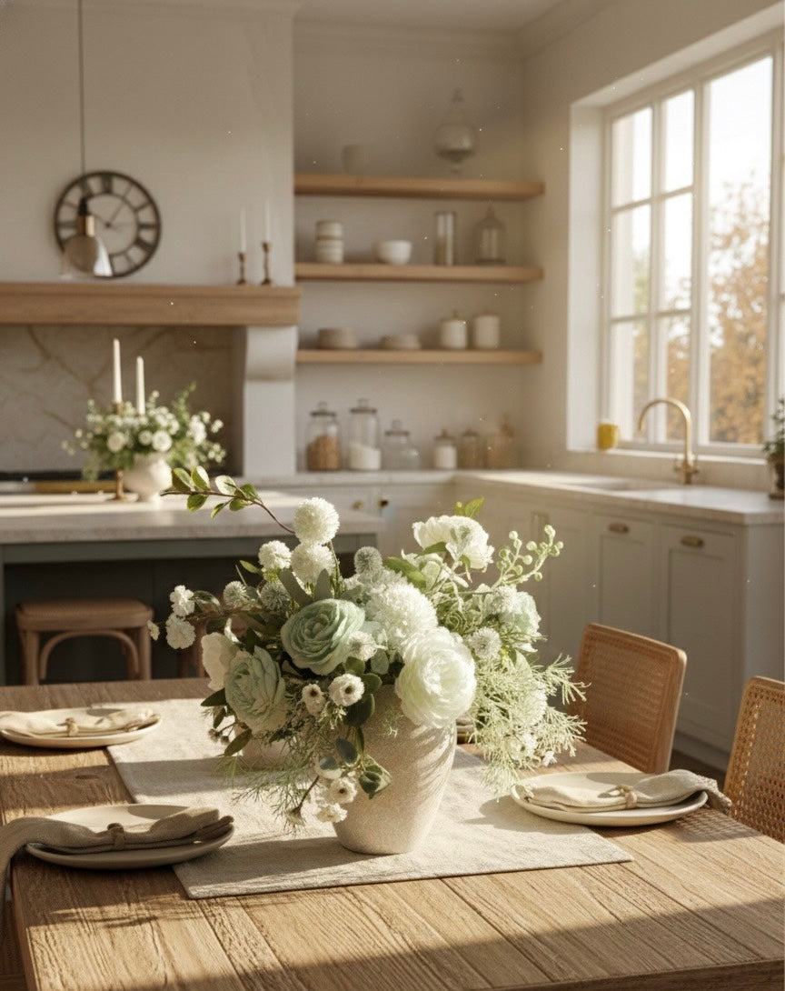 Luxury Faux Peony and Mint Green Arrangement in Textured Vase, Elegant Farmhouse Table Centerpiece