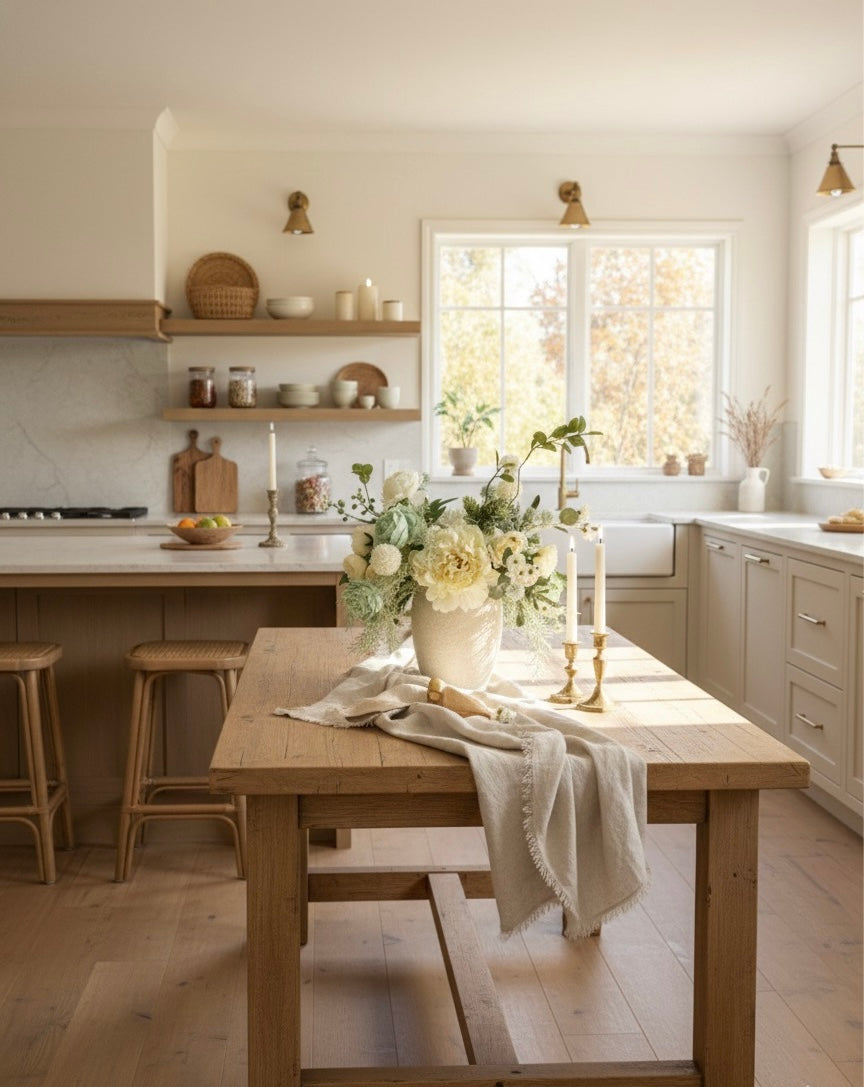 Luxury Faux Peony and Mint Green Arrangement in Textured Vase, Elegant Farmhouse Table Centerpiece