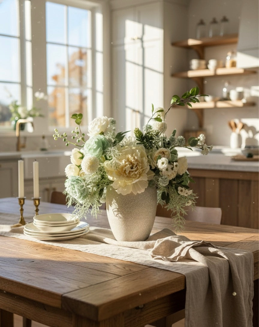 Luxury Faux Peony and Mint Green Arrangement in Textured Vase, Elegant Farmhouse Table Centerpiece