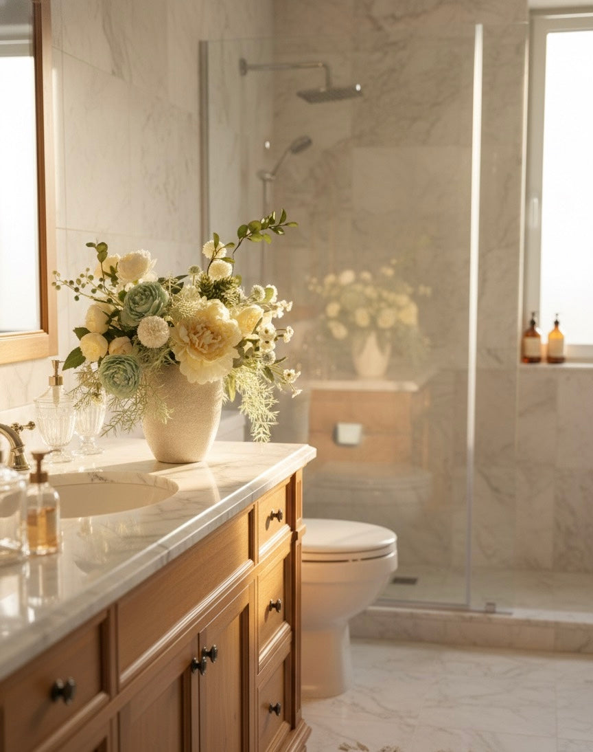 Luxury Faux Peony and Mint Green Arrangement in Textured Vase, Elegant Farmhouse Table Centerpiece