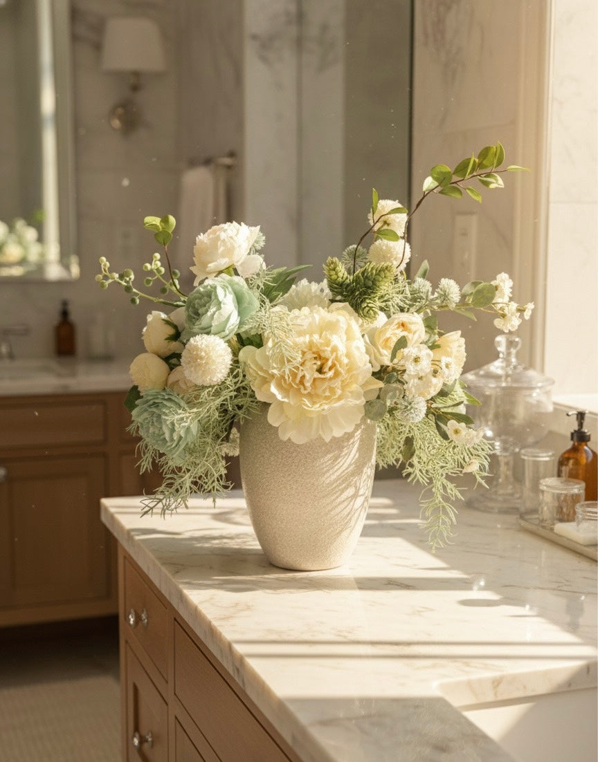 Luxury Faux Peony and Mint Green Arrangement in Textured Vase, Elegant Farmhouse Table Centerpiece