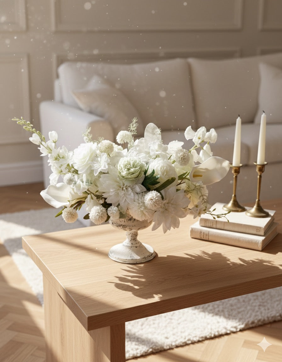 Centrepiece white artificial flower arrangement for table decor – Elegant neutral centerpiece in classic vase – Faux floral arrangement for home or event