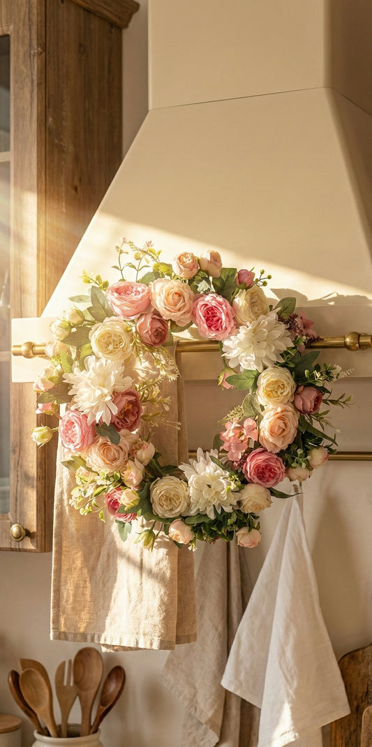 Floral wreath hanging on a kitchen wall with wooden utensils in the foreground.