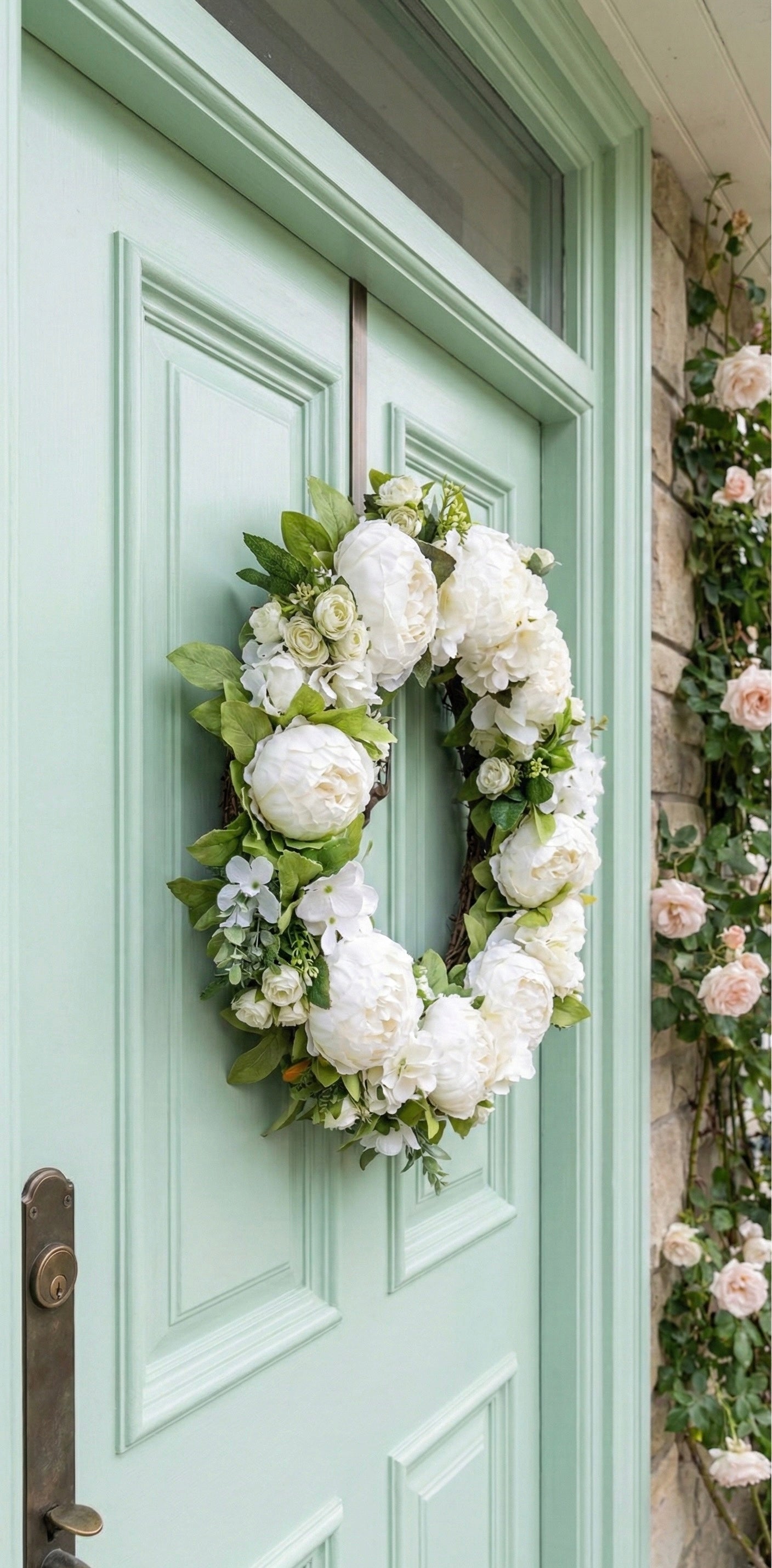 Elegant White Peony Hydrangea Wreath for Front Door, All Season Floral Decor, Farmhouse Cottagecore Wedding Gift
