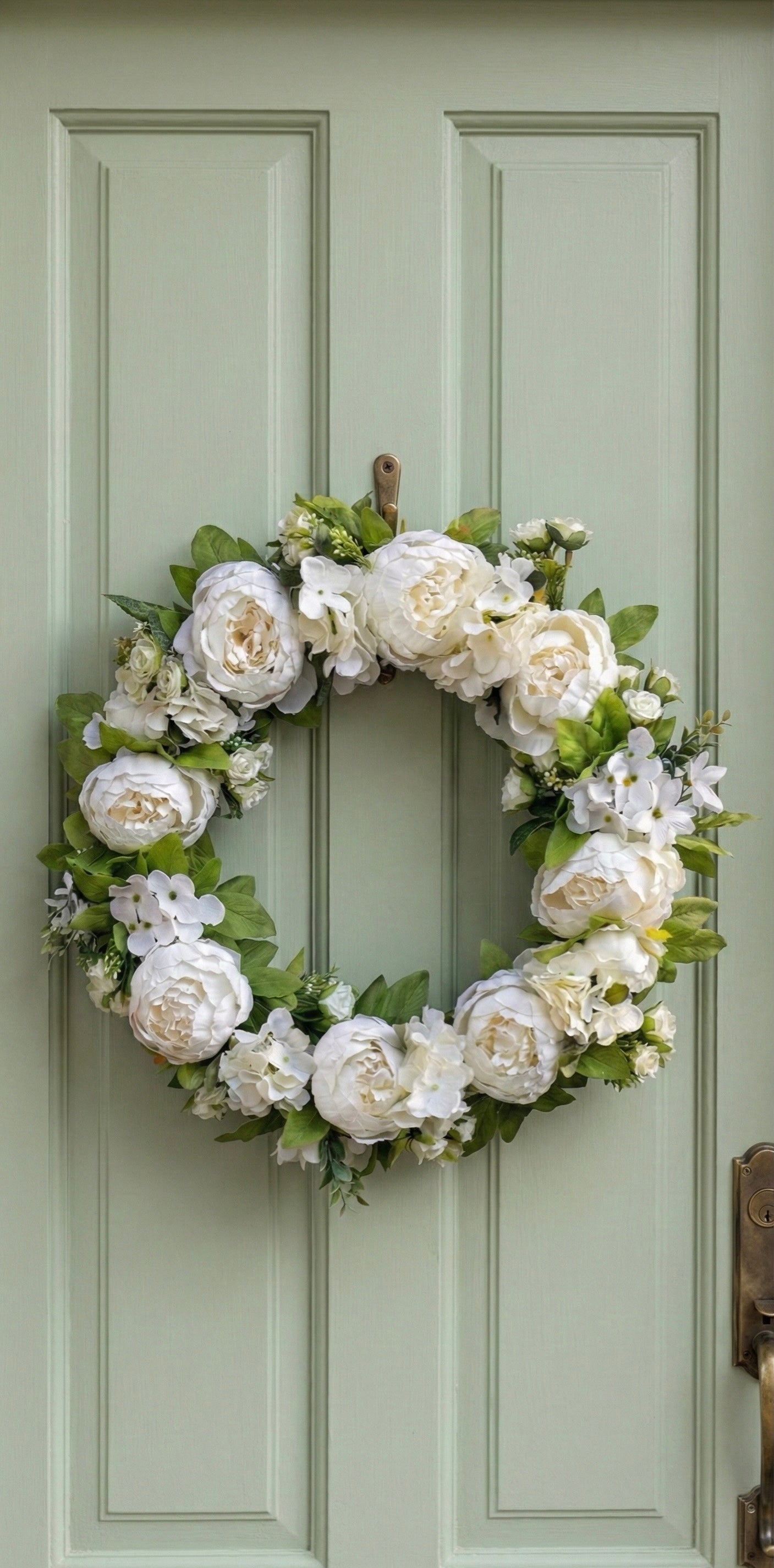 Elegant White Peony Hydrangea Wreath for Front Door, All Season Floral Decor, Farmhouse Cottagecore Wedding Gift