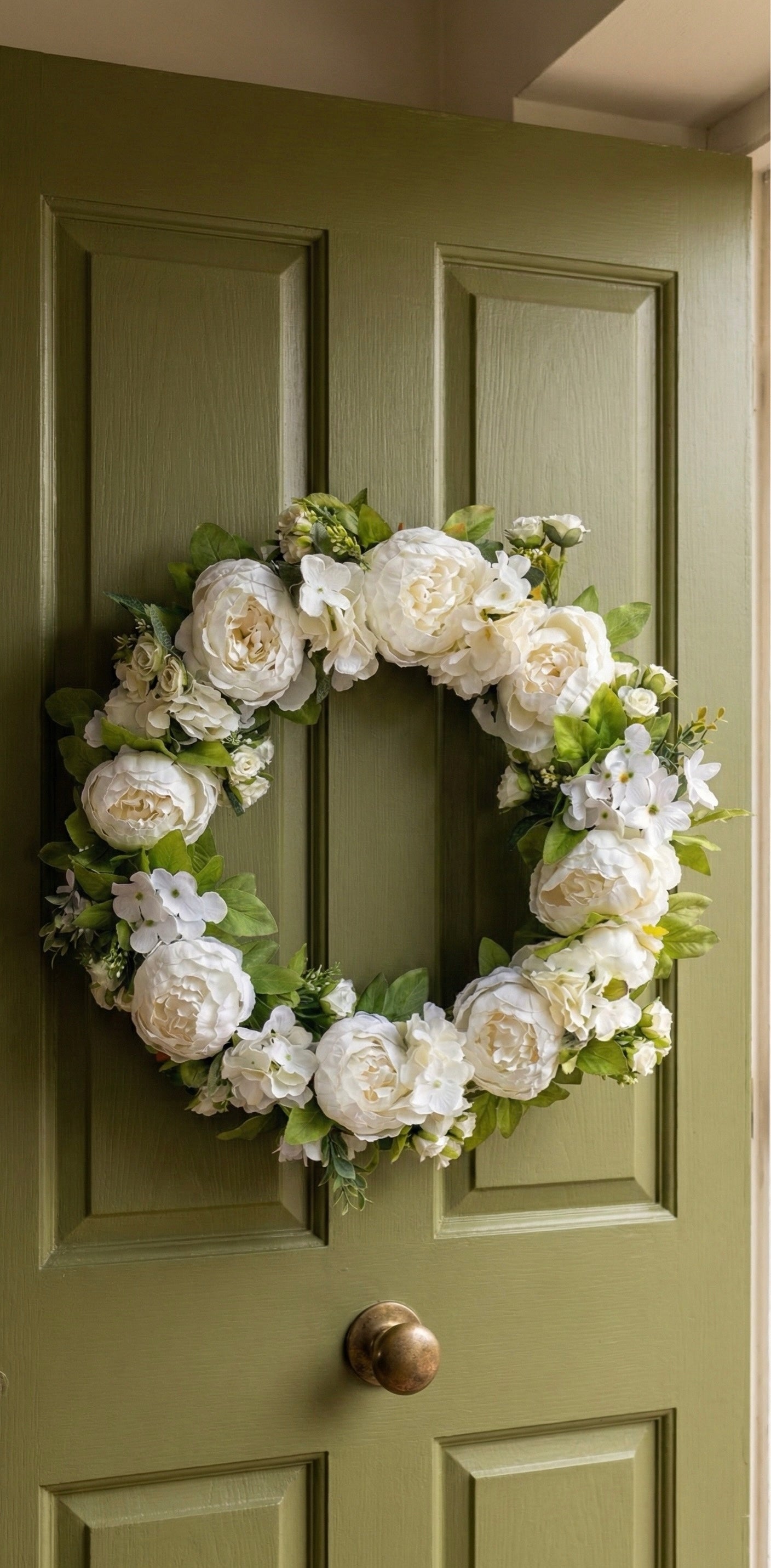 Elegant White Peony Hydrangea Wreath for Front Door, All Season Floral Decor, Farmhouse Cottagecore Wedding Gift