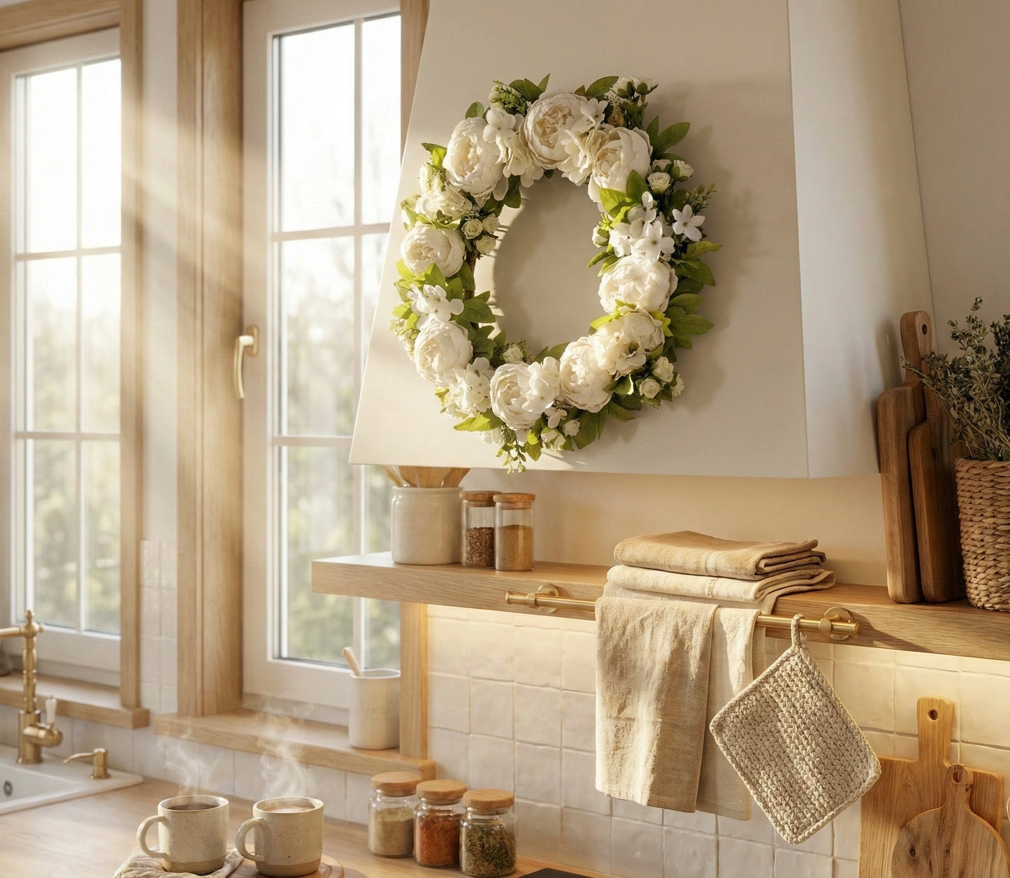 Elegant White Peony Hydrangea Wreath for Front Door, All Season Floral Decor, Farmhouse Cottagecore Wedding Gift