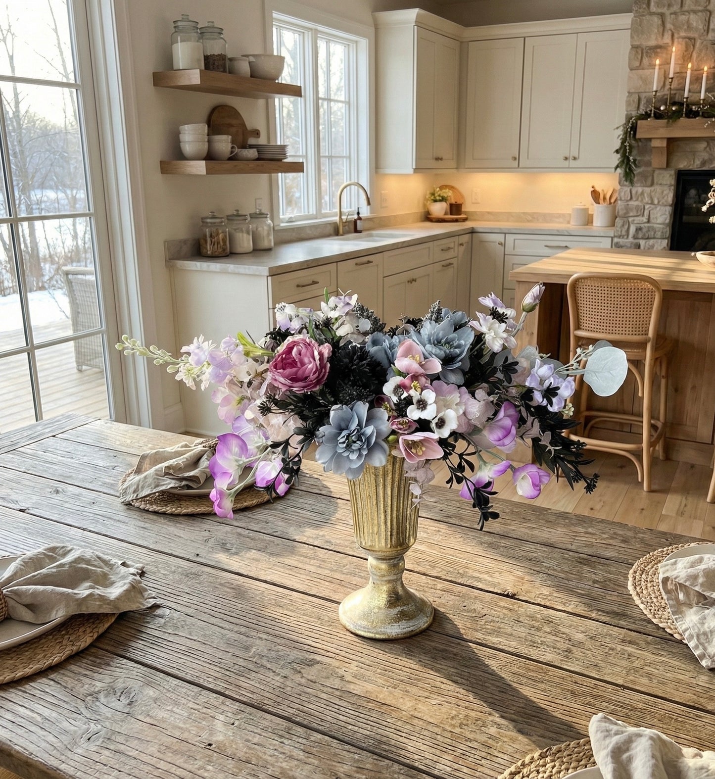 Elegant Faux Flower Arrangement in Gold Vase – Luxury Centerpiece with Purple, Blue, and Pink Blooms for Home or Wedding Décor