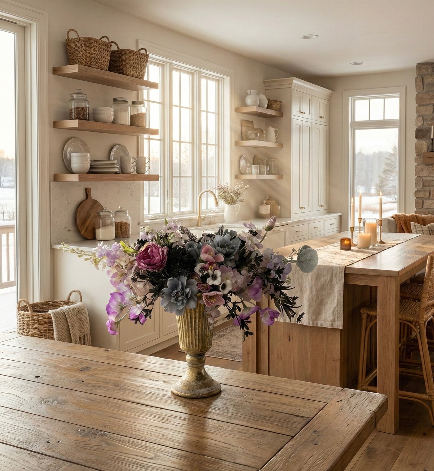 Elegant Faux Flower Arrangement in Gold Vase – Luxury Centerpiece with Purple, Blue, and Pink Blooms for Home or Wedding Décor