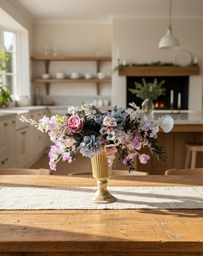 Elegant Faux Flower Arrangement in Gold Vase – Luxury Centerpiece with Purple, Blue, and Pink Blooms for Home or Wedding Décor
