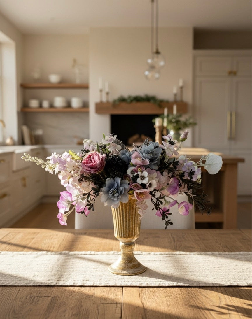 Elegant Faux Flower Arrangement in Gold Vase – Luxury Centerpiece with Purple, Blue, and Pink Blooms for Home or Wedding Décor
