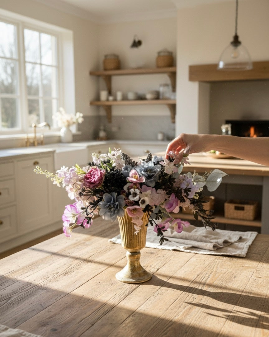 Elegant Faux Flower Arrangement in Gold Vase – Luxury Centerpiece with Purple, Blue, and Pink Blooms for Home or Wedding Décor