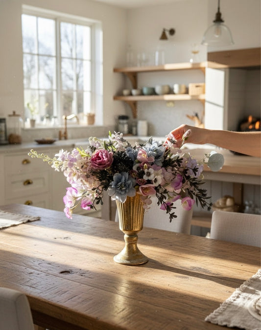 Elegant Faux Flower Arrangement in Gold Vase – Luxury Centerpiece with Purple, Blue, and Pink Blooms for Home or Wedding Décor