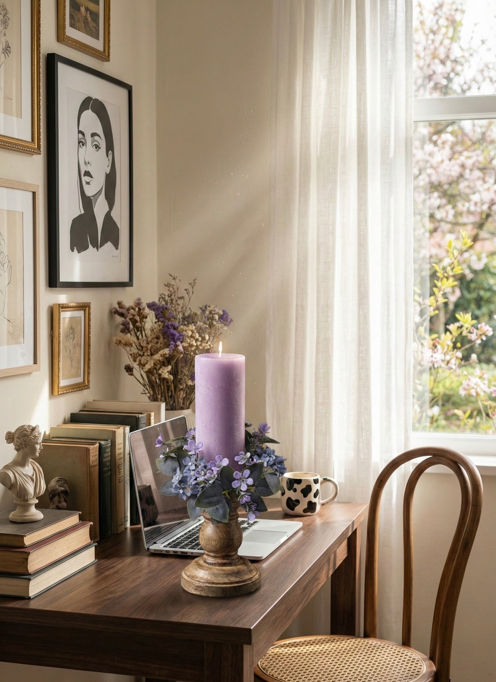 Home office with a desk, chair, books, a laptop, and decorative items.