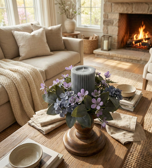 Living room with a fireplace, sofa, and decorative candle and flowers on a table.