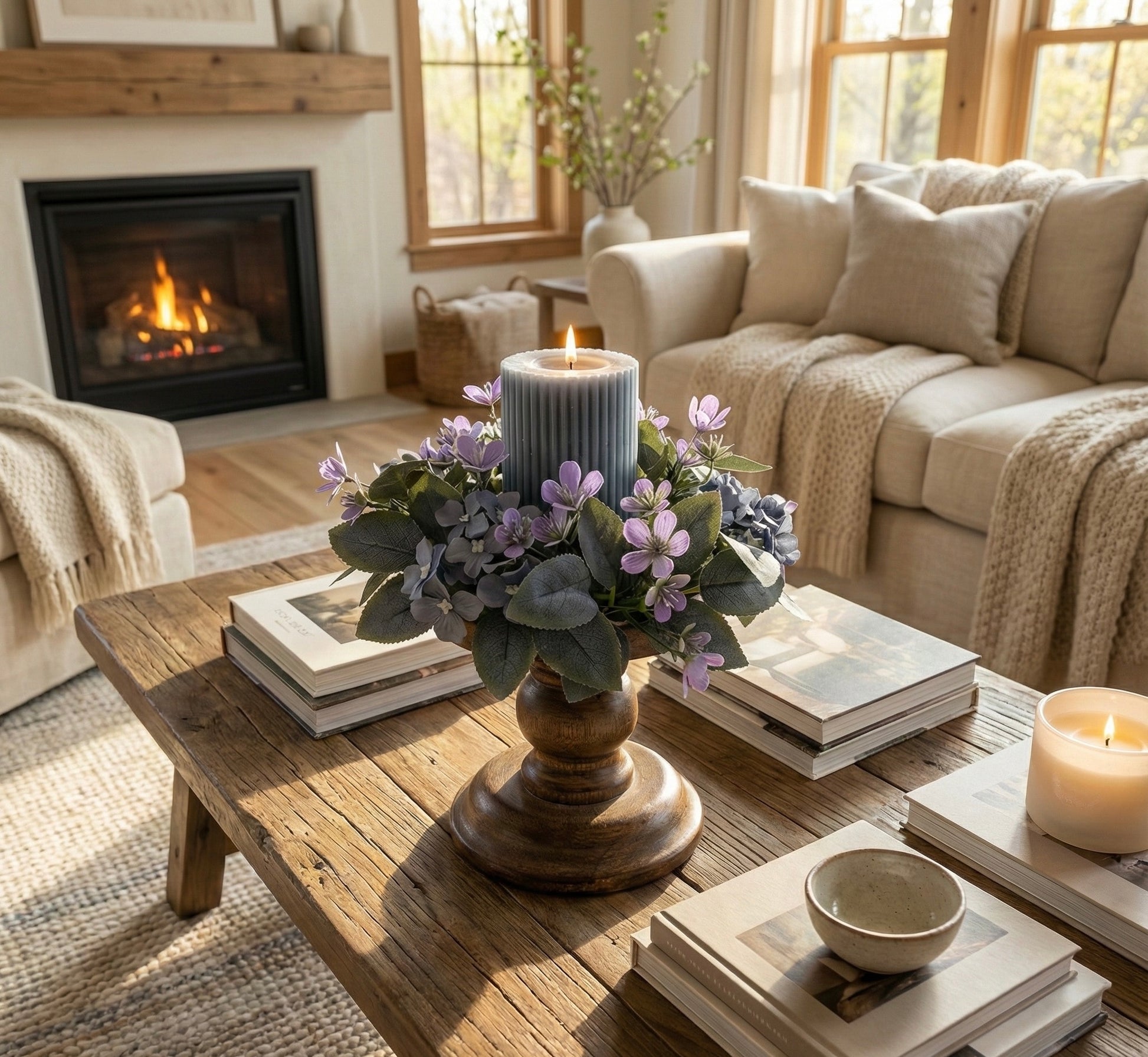 Cozy living room with a fireplace, sofa, and decorative items on a coffee table.