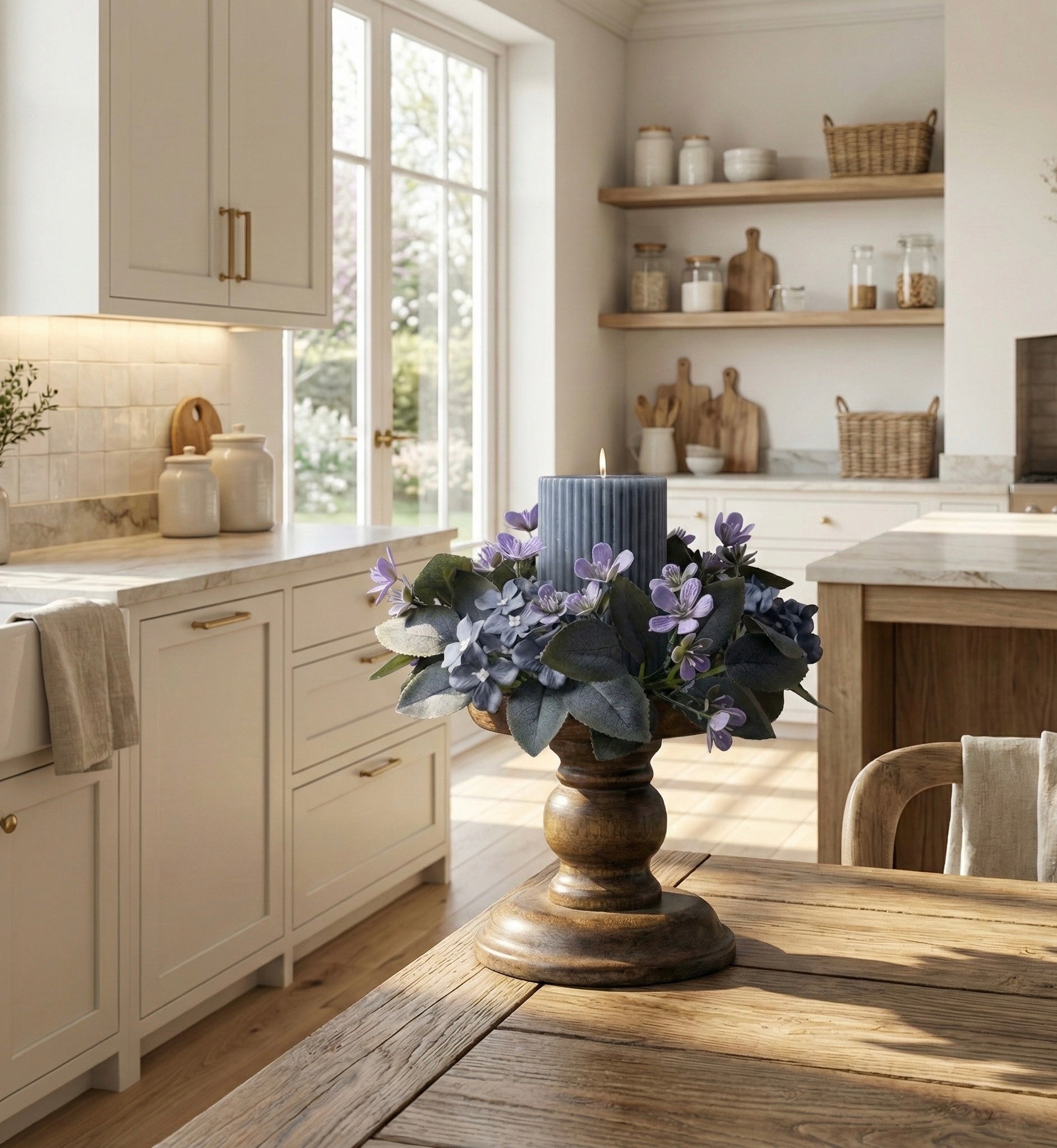 Kitchen with wooden table and decorative floral arrangement