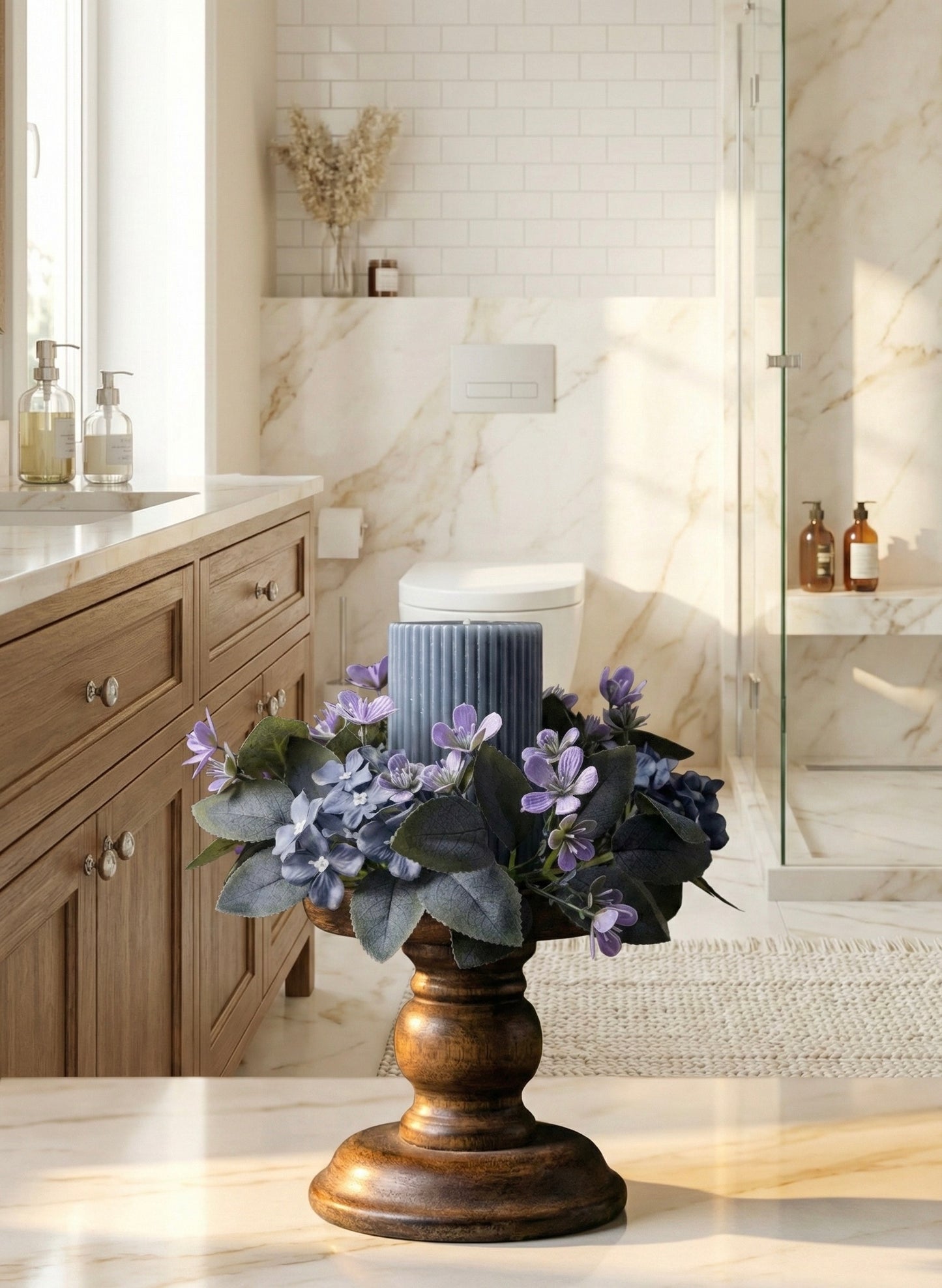 Decorative floral arrangement on a wooden pedestal in a bathroom setting
