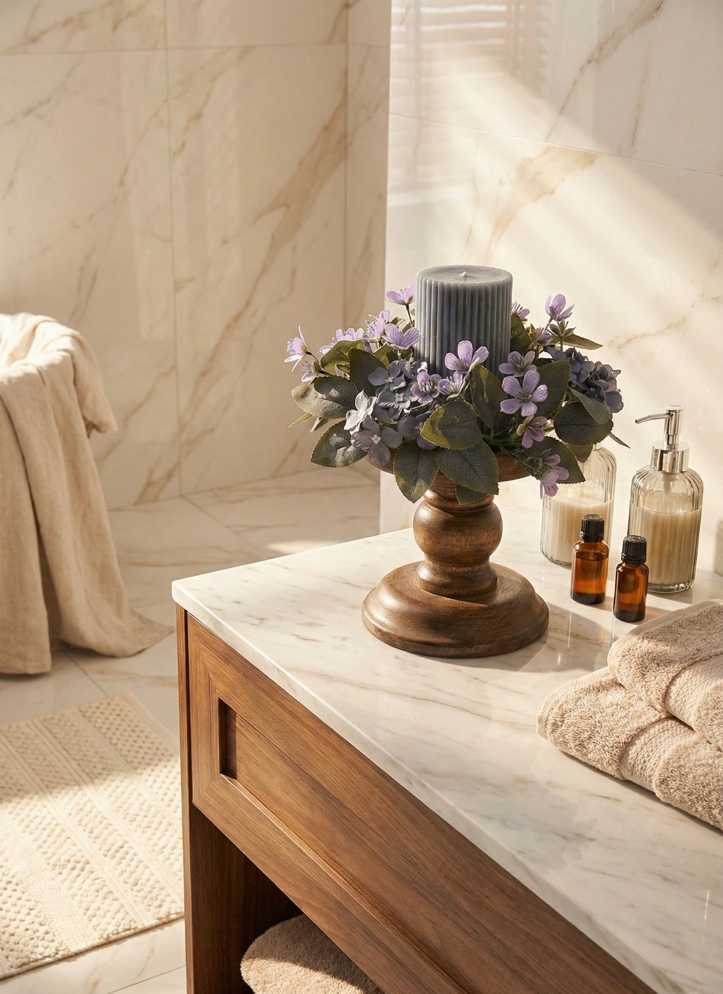 Bathroom counter with a wooden vase holding flowers, candles, and bottles.
