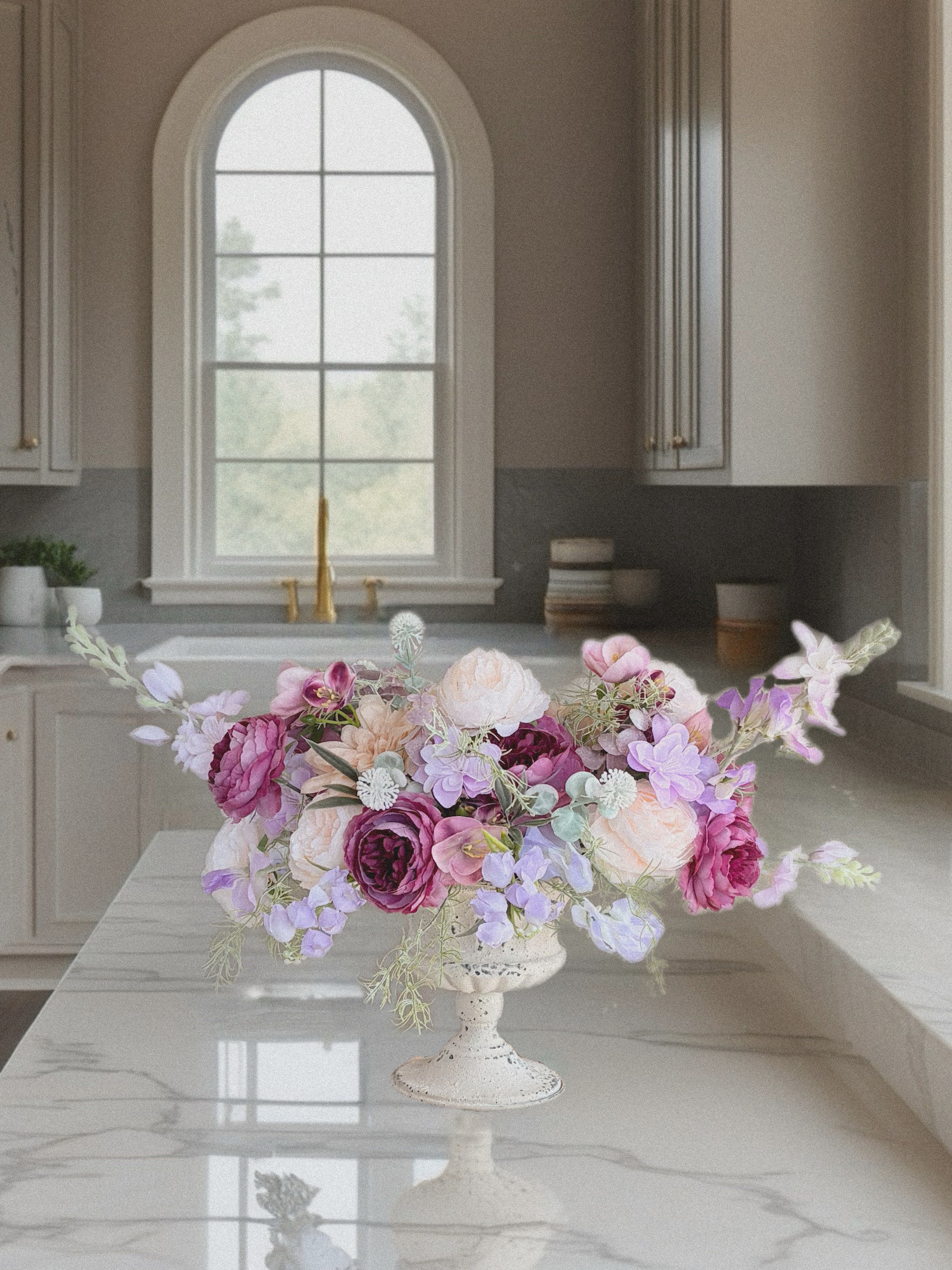 Faux Floral Arrangement in Purple and Cream, Artificial  Flower Centerpiece, Elegant Year-Round Table Decoration