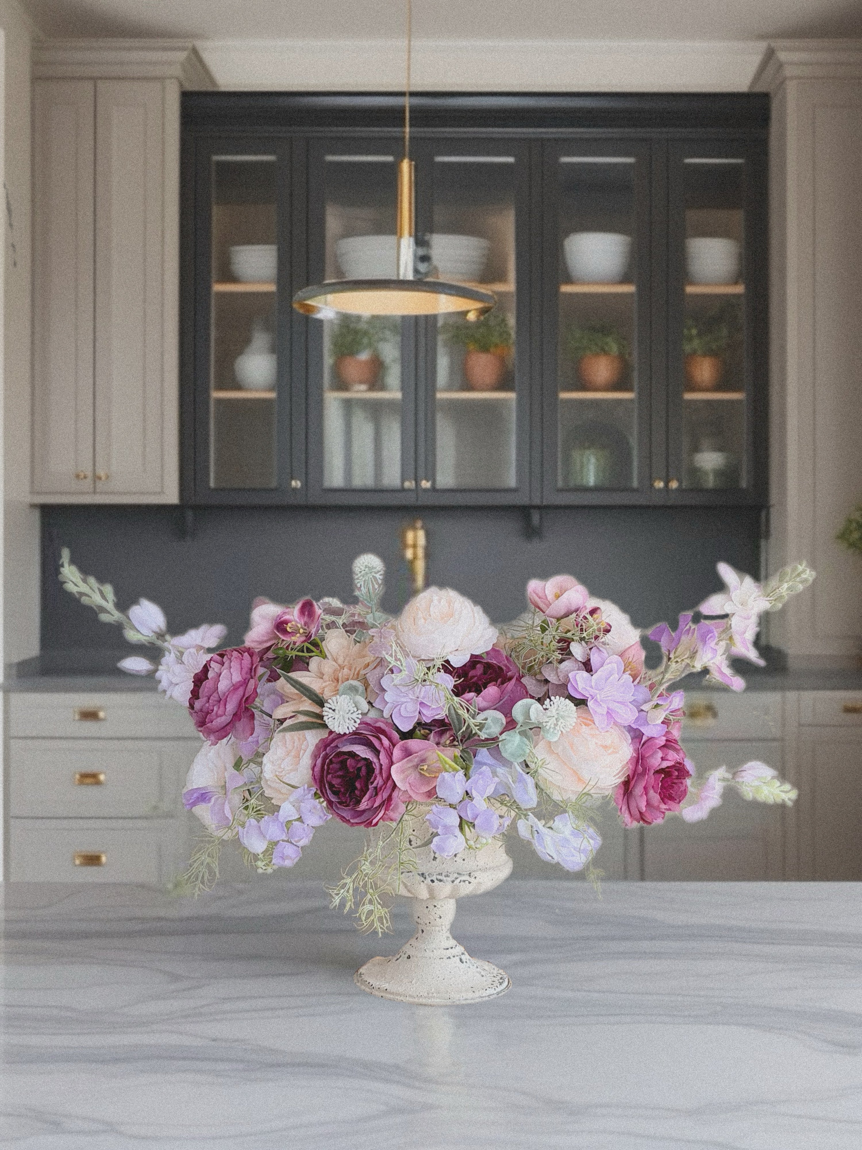 Faux Floral Arrangement in Purple and Cream, Artificial  Flower Centerpiece, Elegant Year-Round Table Decoration