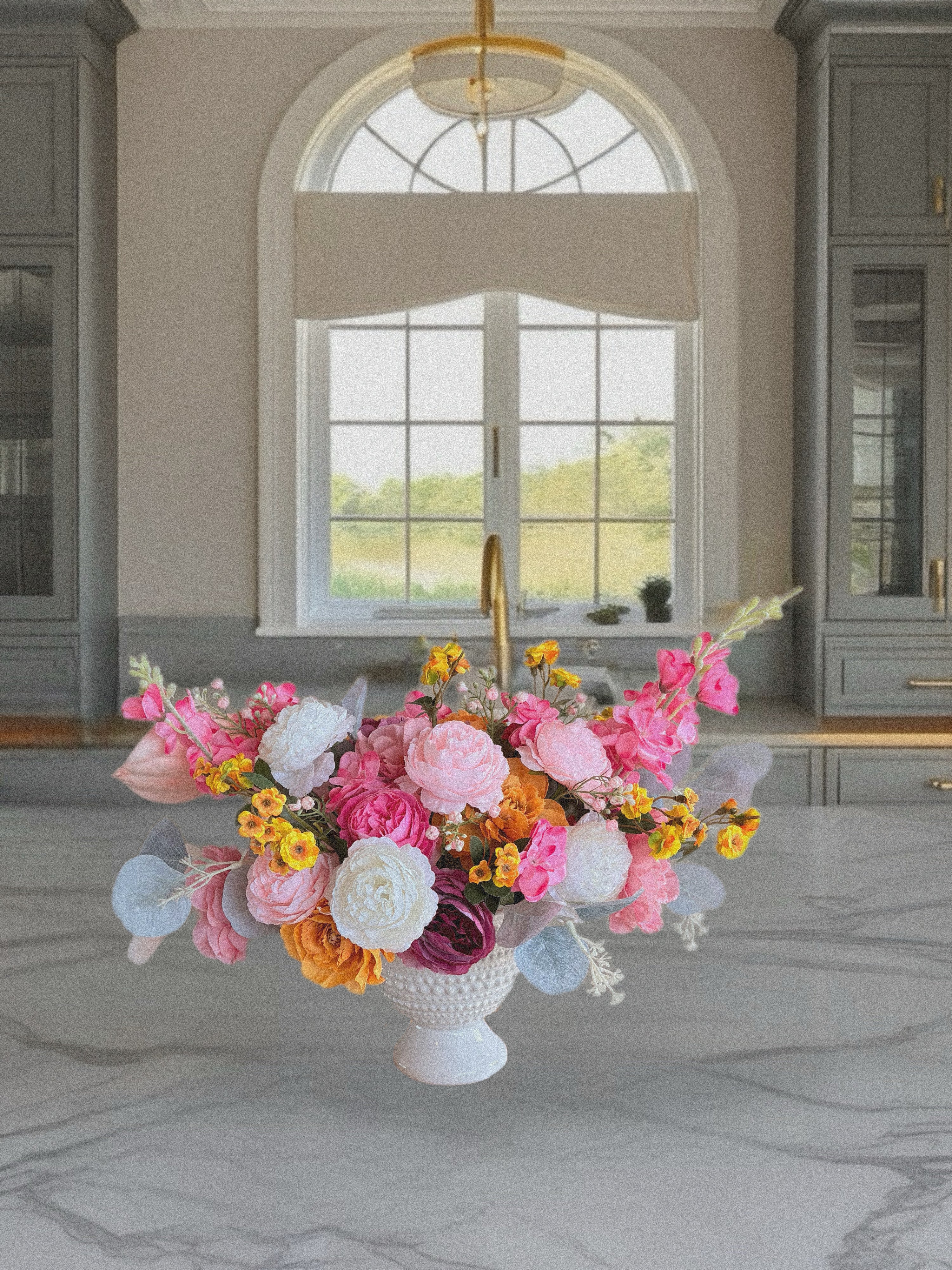 Bright Artificial Floral Arrangement with Pink, Orange and Yellow Flowers, Faux Flower Centerpiece, Year-Round Home and Table Decor