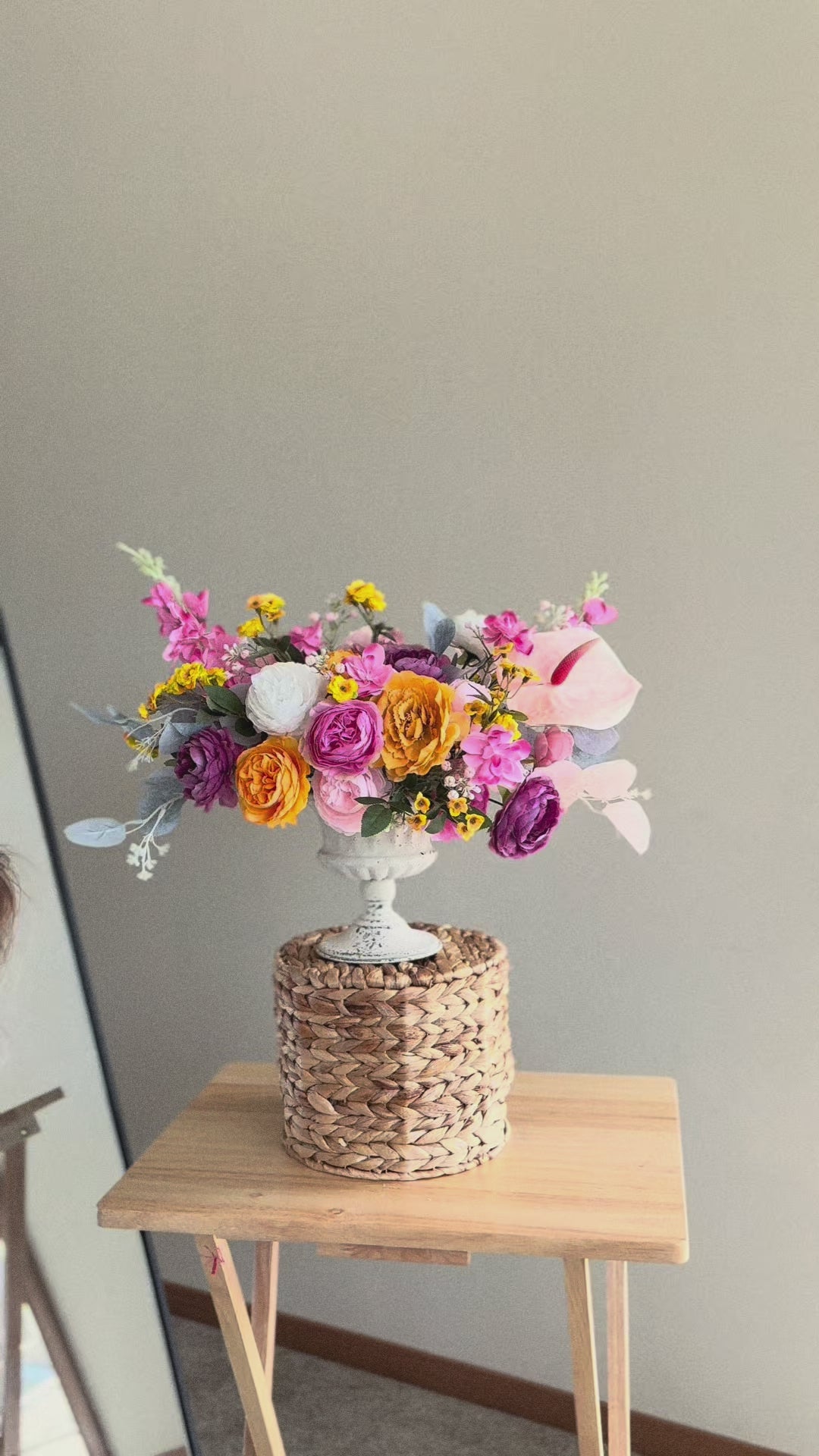 Bright Artificial Floral Arrangement with Pink, Orange and Yellow Flowers, Faux Flower Centerpiece, Year-Round Home and Table Decor
